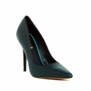 L.A.M.B. Bee Pump Perforated Mesh Leather Black Green Point Toe Slim Hee…